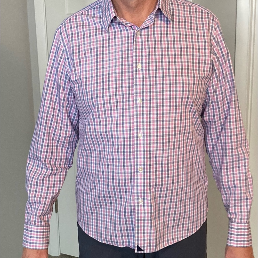 Untuckit wrinkle free dress shirt. Fun blue and pink check pattern